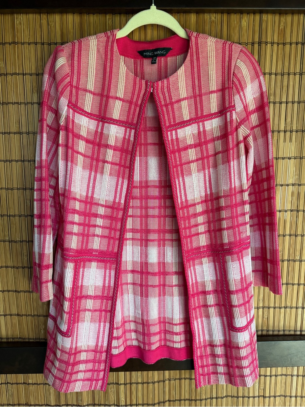 Ming Wang Heritage Plaid Knit Jacket Pink XS EUC